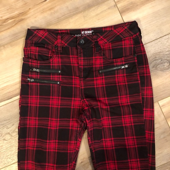 HT DENIM HI-RISE SUPER SKINNY SIZE 1 RED & BLACK PLAID JEANS - Picture 3 of 11